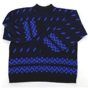 Vintage 80s Retro Graphic Knit Sweater M Black Blue Cozy Ski Lodge USA Made